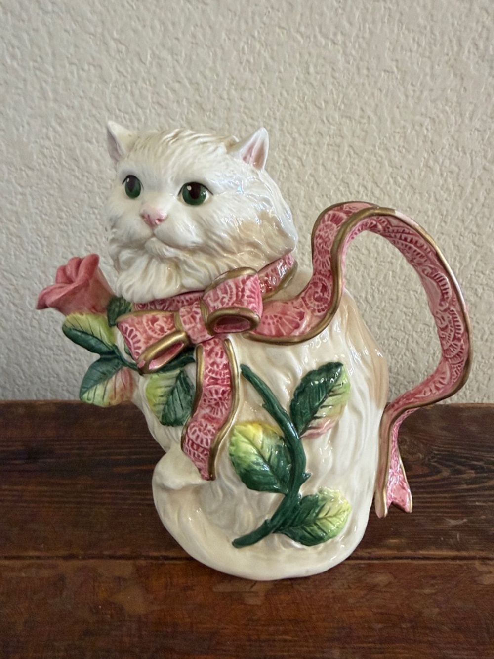 Vintage Fitz and Floyd Essentials Kittens & Roses Persian Cat Teapot Excellent